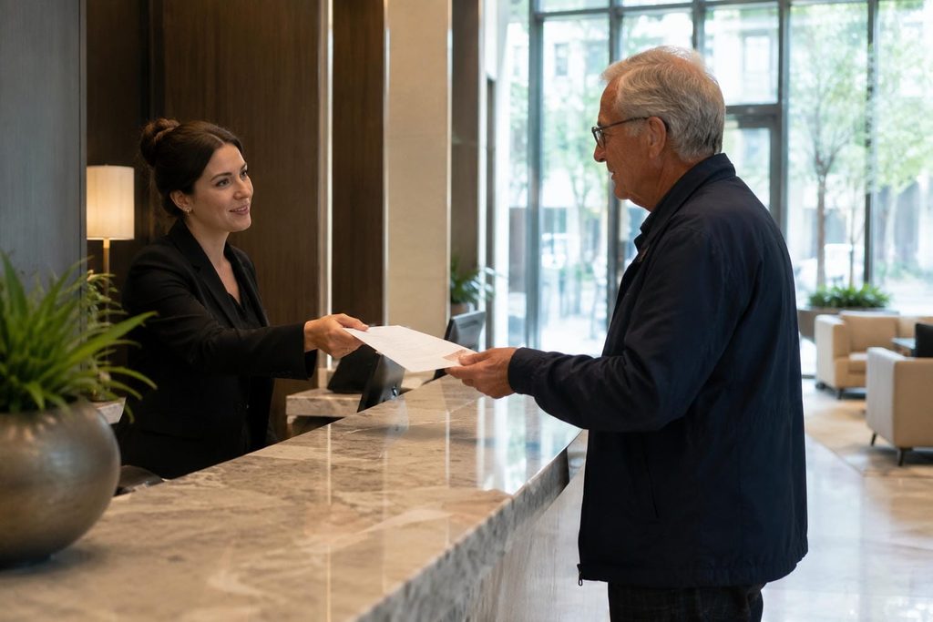 Concierge handing a document to a resident at a condo lobby desk while the building changes management companies.