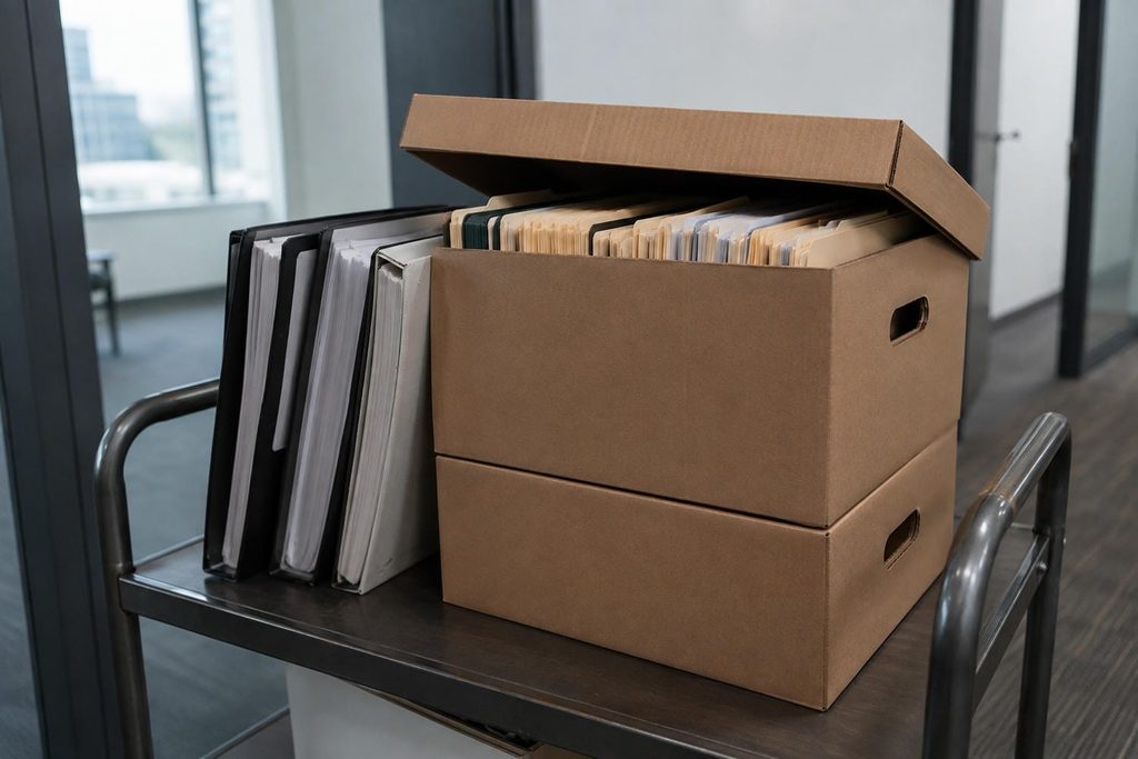 Archive boxes and ring binders of condo corporation records stacked on a cart ready for handover to the new manager.