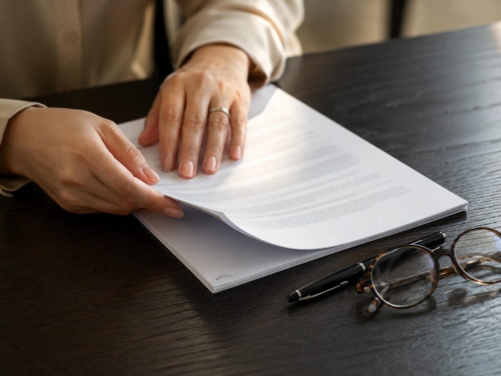 Hands turning the pages of a printed condo management agreement to find the termination notice clause.