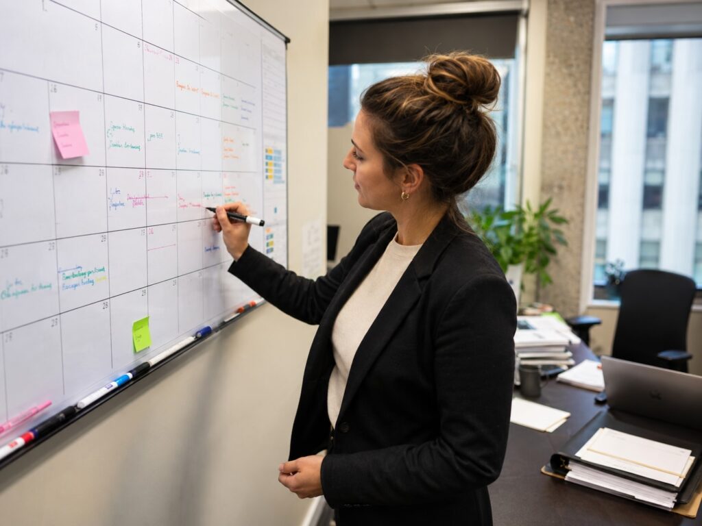 Property manager marking changeover deadlines on a large wall planner in a Toronto office.