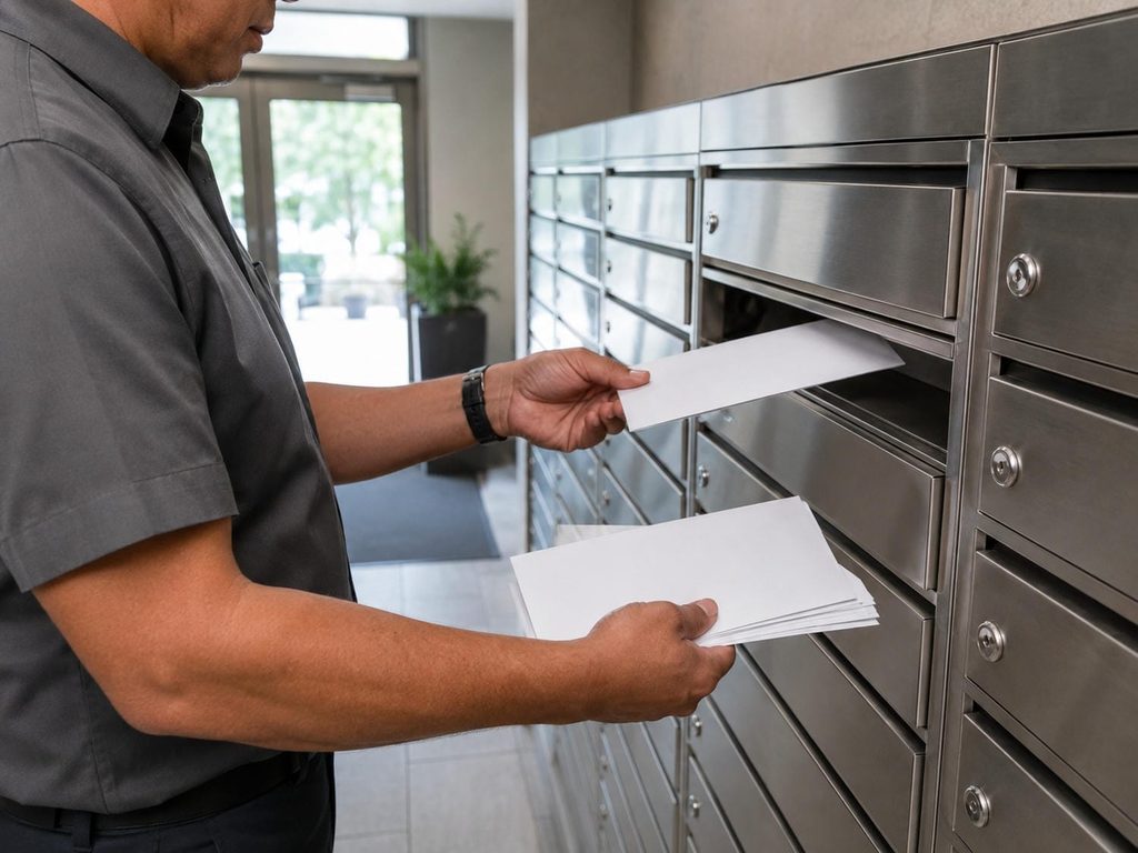Building staff member placing owner notice envelopes into condo mailboxes in a GTA lobby mail room.
