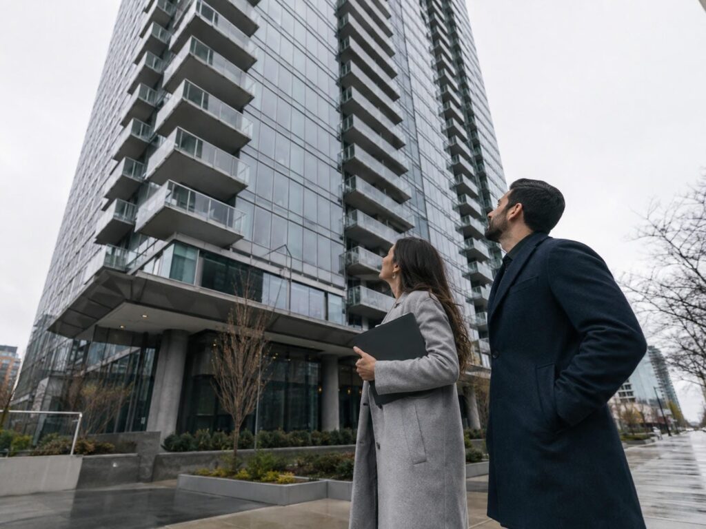 Two condo board directors reviewing a document folder outside a Toronto high-rise while switching property management companies.