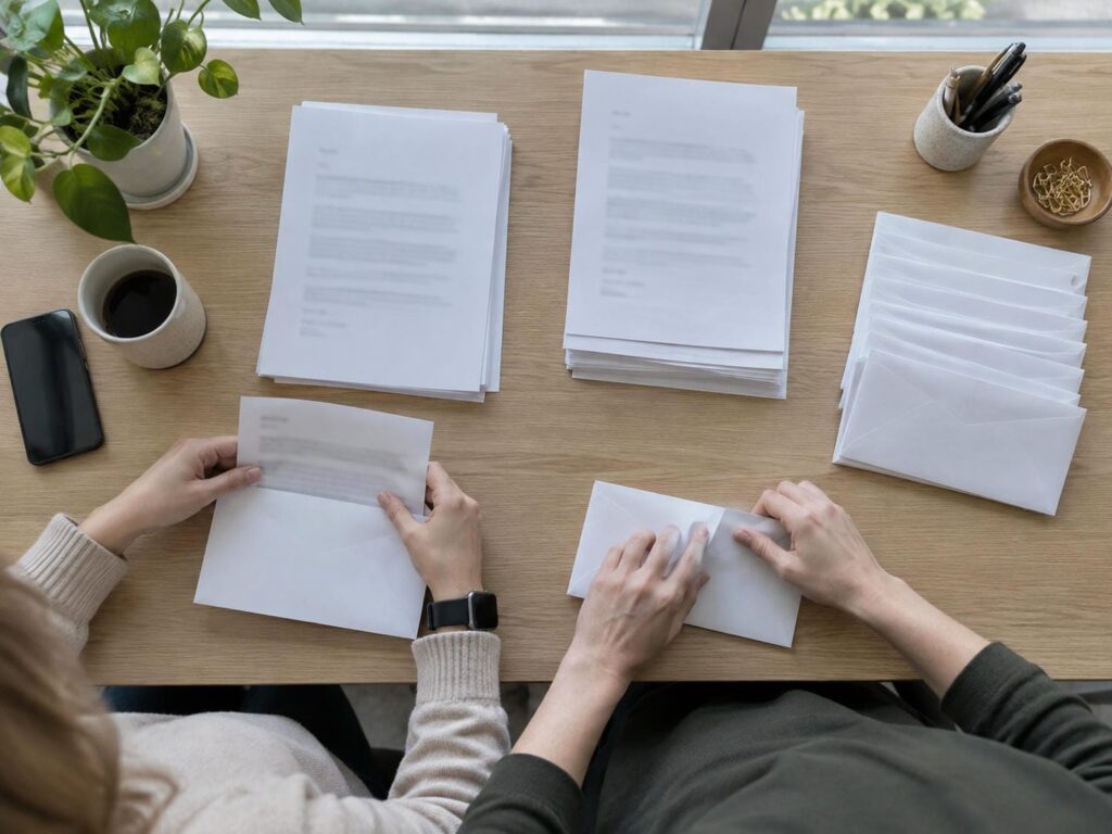 Hands folding printed pages and sealing white envelopes along a long office table