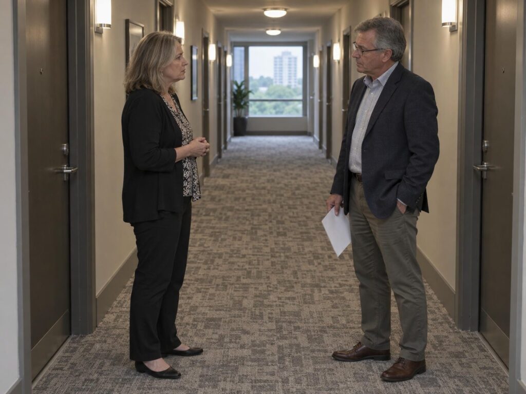 Two board directors in a serious conversation in a quiet condominium corridor, one holding a single sheet of paper
