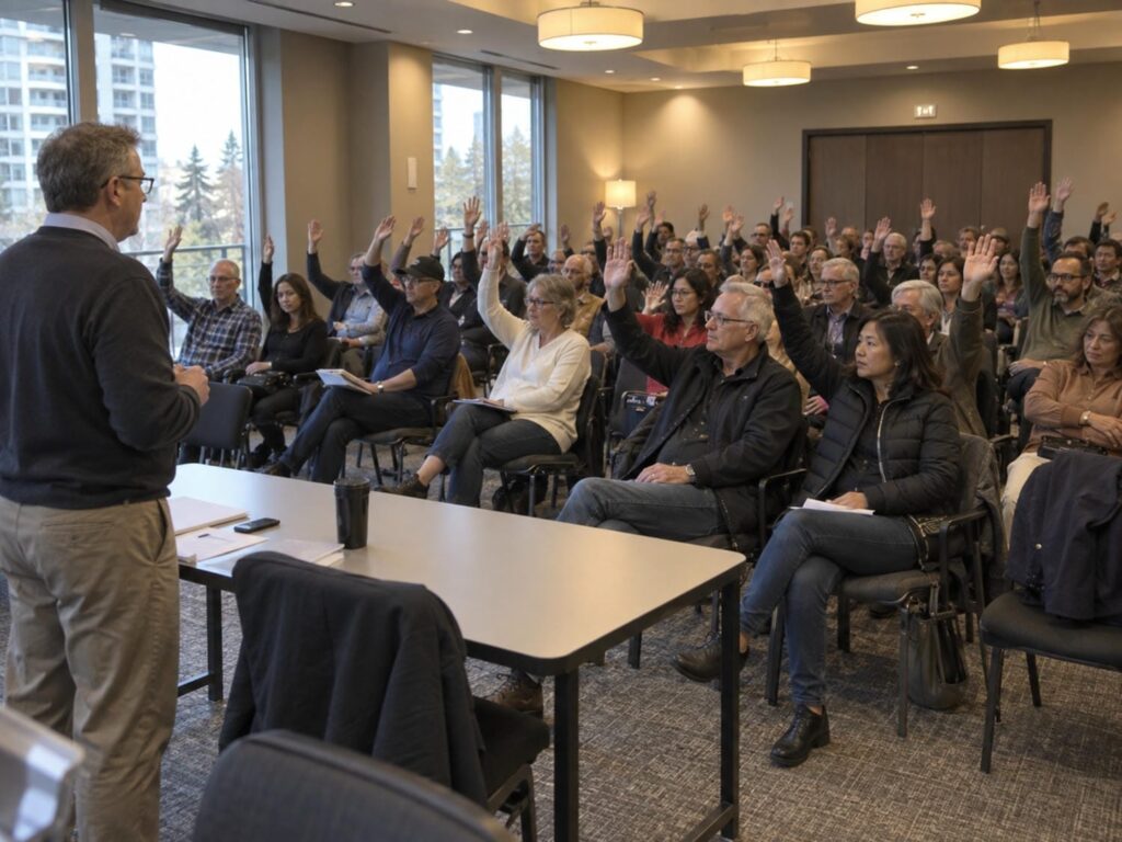 Owners raising their hands to vote while a chairperson stands speaking at the front of a full meeting room