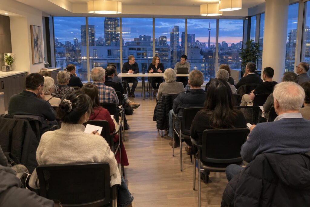 Condominium owners seated in rows at an annual general meeting in a bright building party room, with three directors at a table at the front