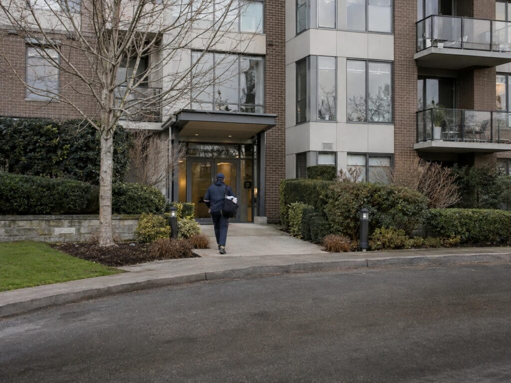 A letter carrier with a shoulder satchel walking toward the glass entrance of a low-rise condominium building