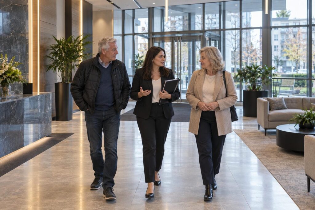 A property manager holding a slim folder walking through a bright condominium lobby with two board directors