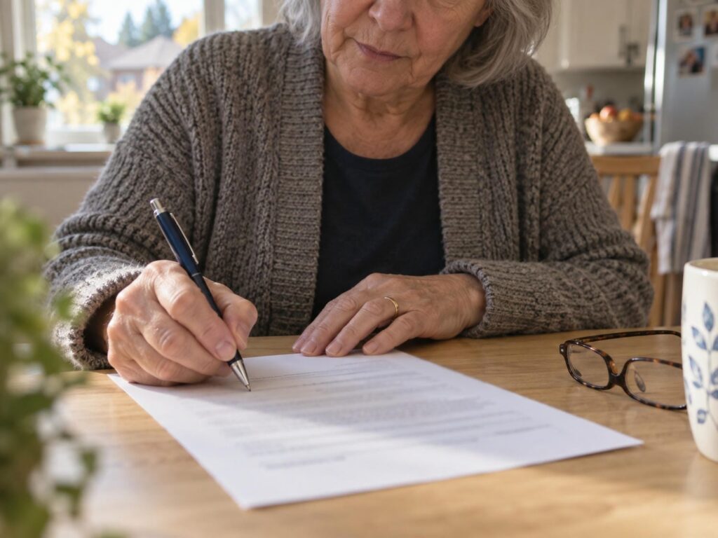 An older woman signing a single page form at her kitchen table with a ballpoint pen, reading glasses beside her