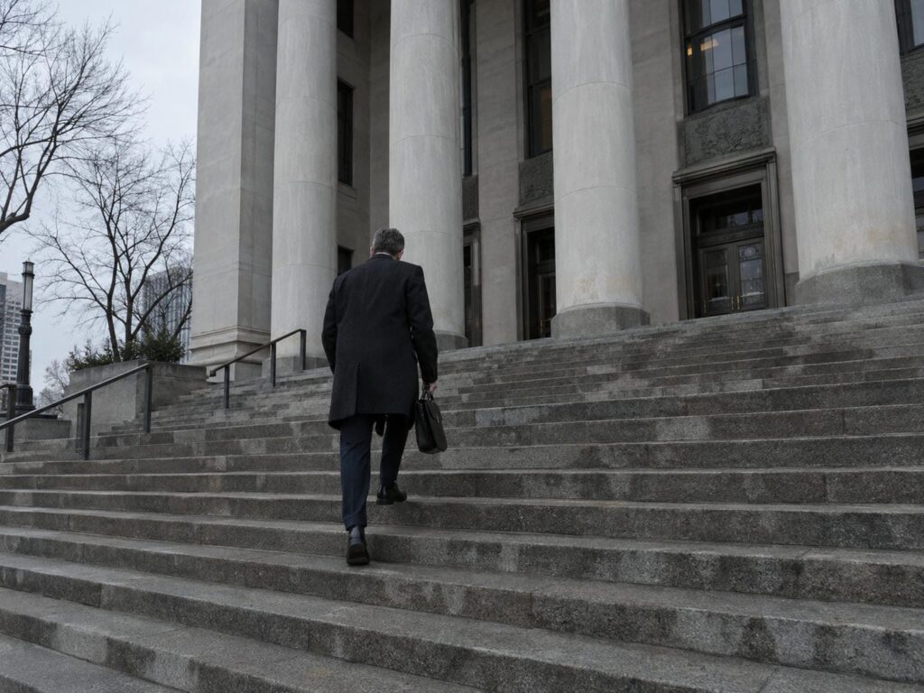 A man in a dark overcoat climbing the wide stone steps of an Ontario courthouse on a grey afternoon