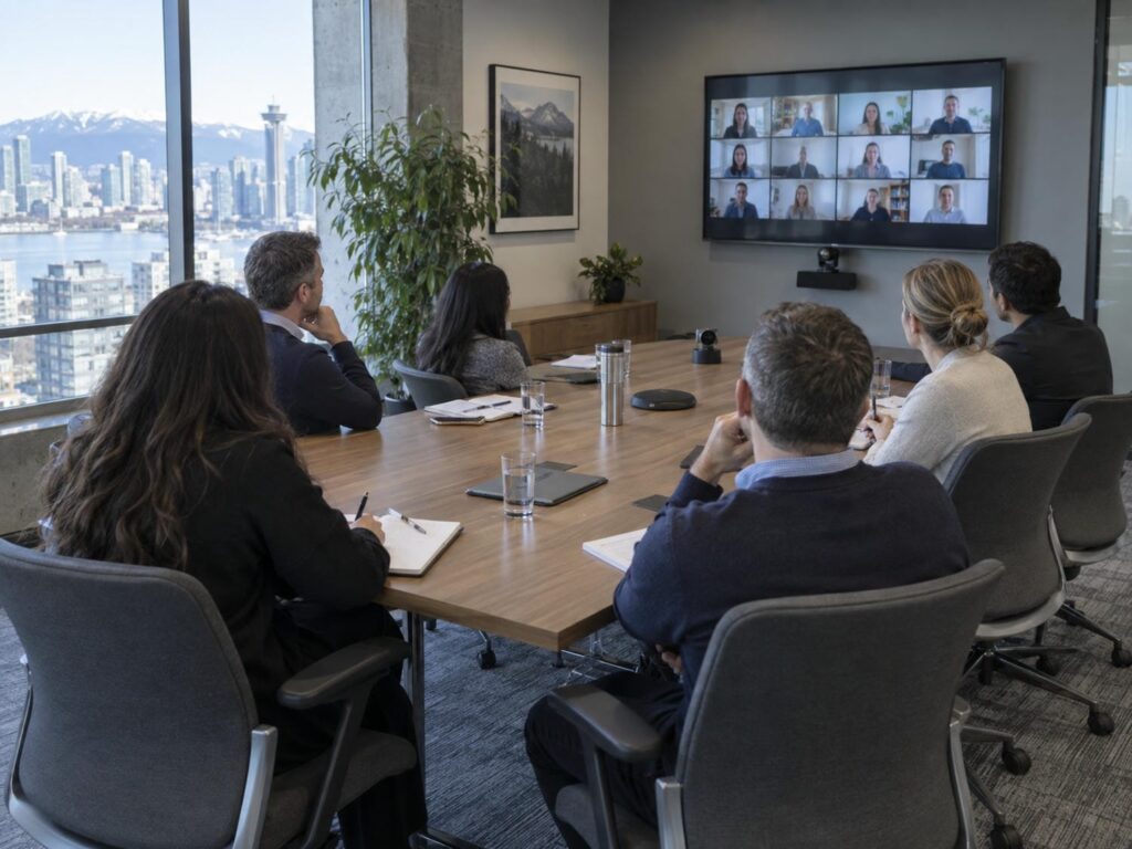 People seated along a boardroom table facing a large wall screen showing a grid of remote participants