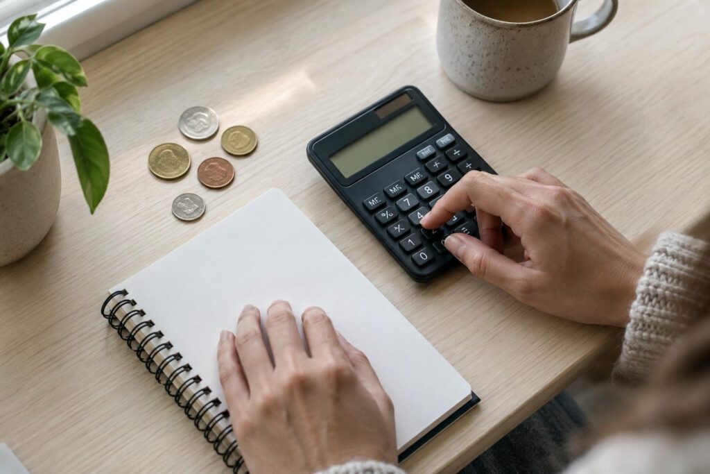 Close-up of a person's hands working out costs on a pocket calculator beside a few Canadian coins on a pale table