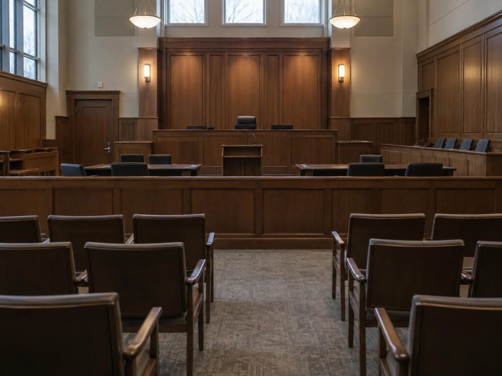 An empty wood-panelled hearing room with a raised bench, a low wooden rail, and rows of plain chairs