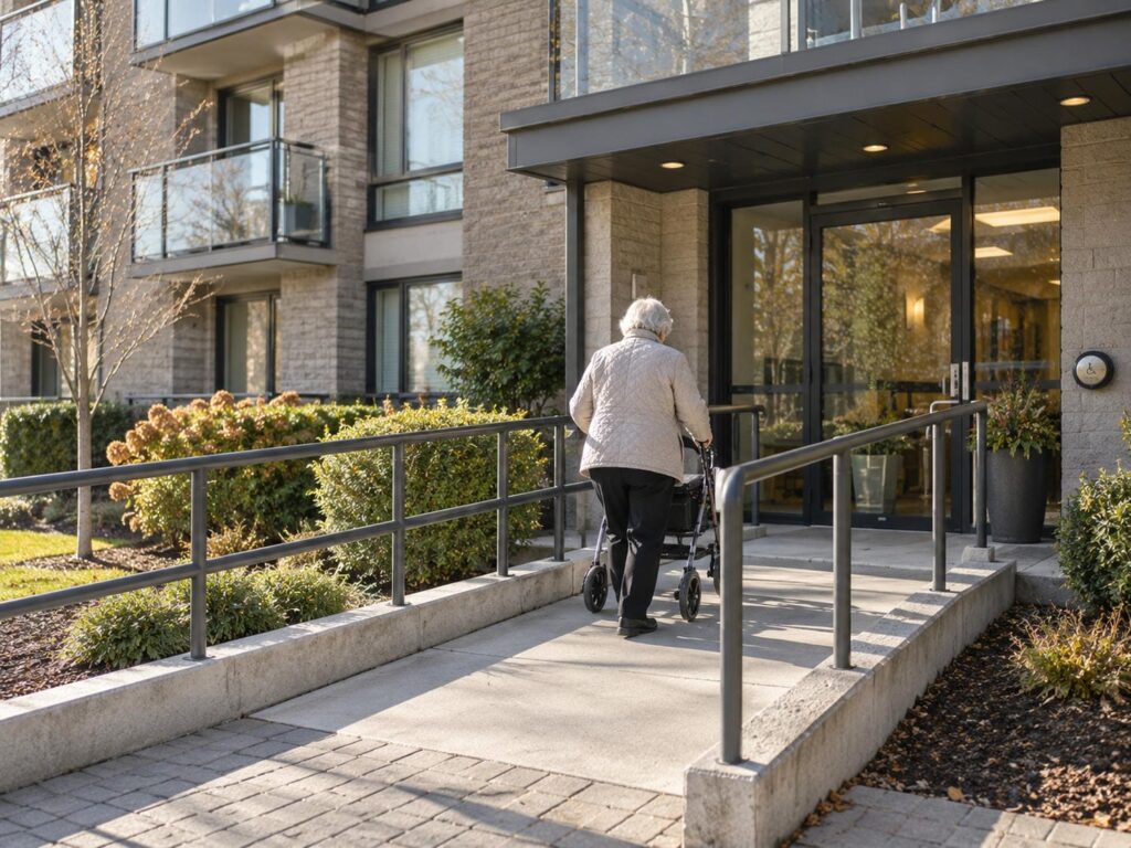 An older resident using a wheeled walker approaching a condominium entrance up a gently sloped concrete ramp with metal handrails