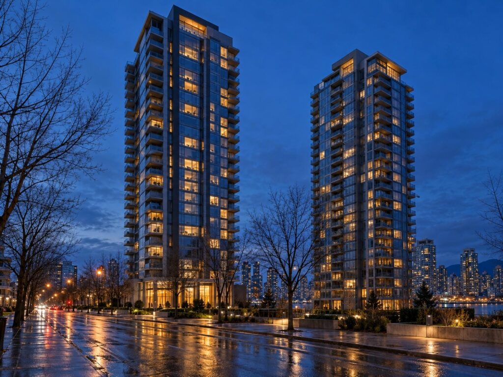 Residential condominium towers in Toronto lit at dusk seen from the street below on a wet winter evening
