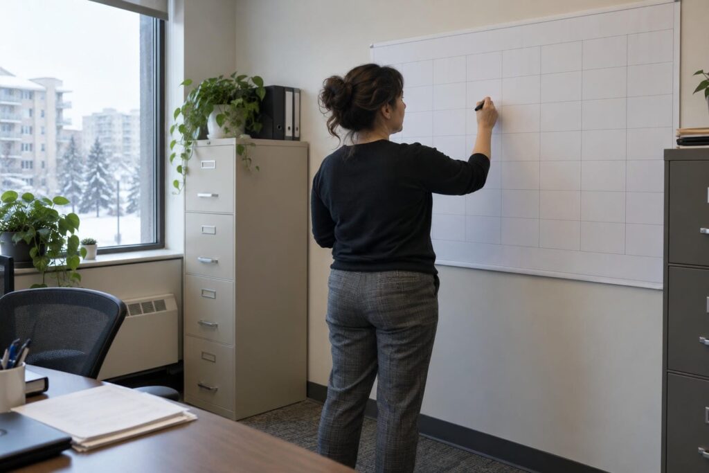 Condominium manager standing at a blank paper wall planner in a management office with a marker in hand