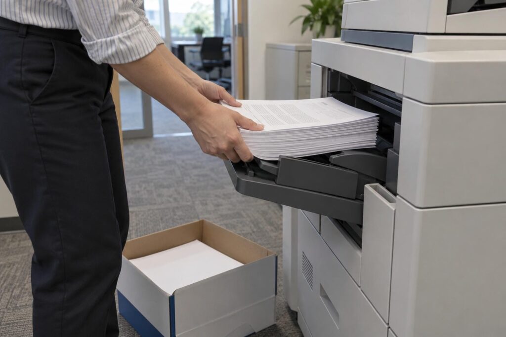 Office worker lifting a stack of freshly printed pages from the tray of a photocopier in a condominium management office