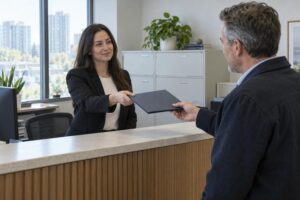 Property manager handing a document folder across the counter to a condominium owner in a Toronto management office