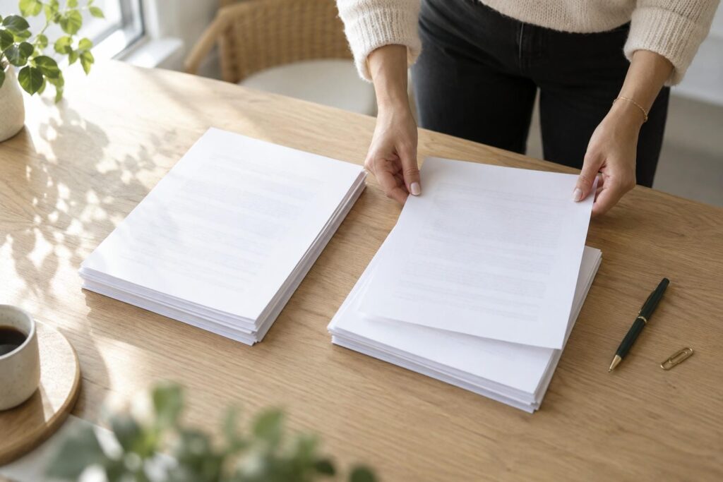 Hands sorting plain condo records into two separate stacks on a wide pale wooden table