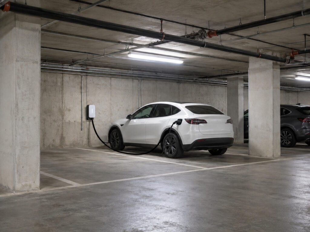 An electric car plugged into a wall mounted charging unit in a marked space in an underground condominium parking garage
