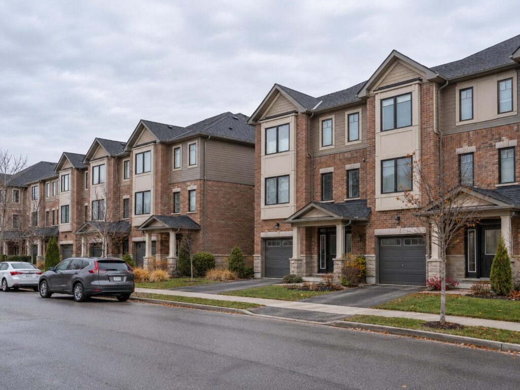 A row of brick condominium townhouses with private front doors, small porches and attached garages along a quiet suburban street