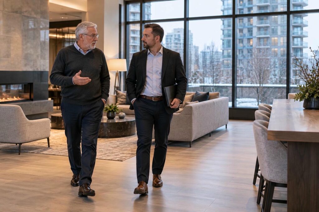 Two condominium board directors walking and talking through a bright amenity lounge with city windows behind them