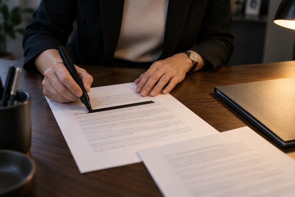Hands drawing a wide black marker line across a printed page on a dark wood desk under a warm lamp