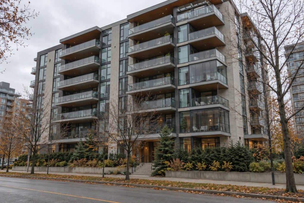 A mid-rise Toronto condominium building seen from the street, with rows of balconies where some have been enclosed in glass and the rest are open