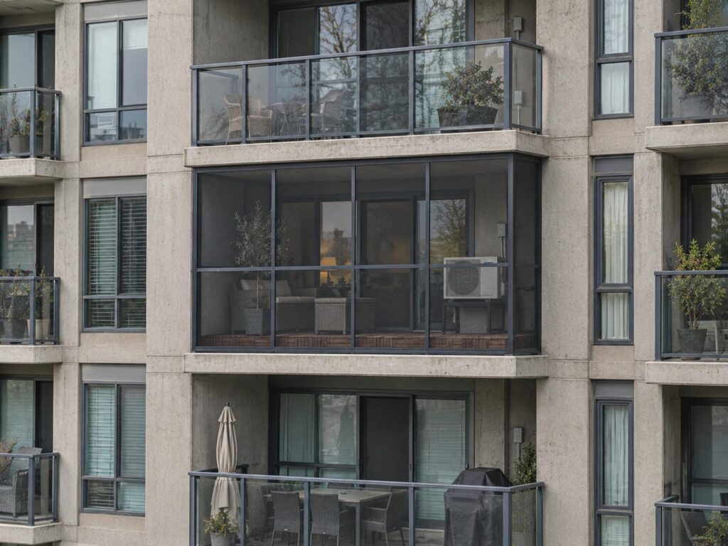 One balcony on a concrete condominium facade fitted with a screened enclosure and a wall air conditioner while the balconies around it stay plain and open