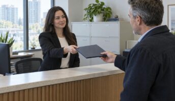 Property manager handing a document folder across the counter to a condominium owner in a Toronto management office